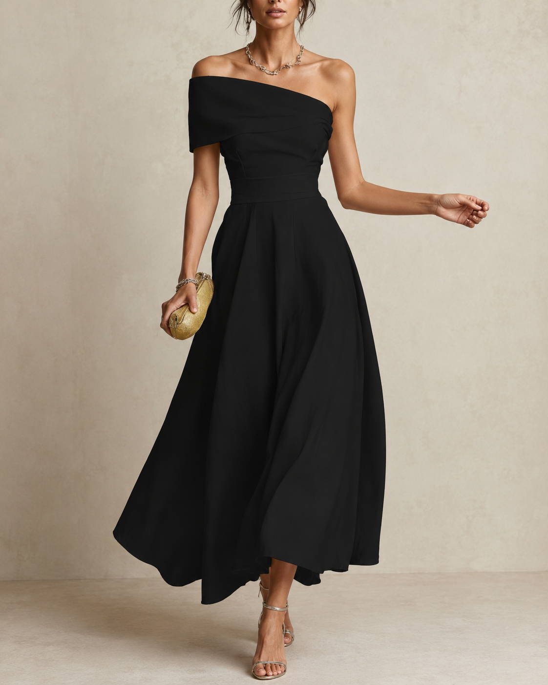 Chiq Off Shoulder Maxi Dress with Full A-Line Skirt
