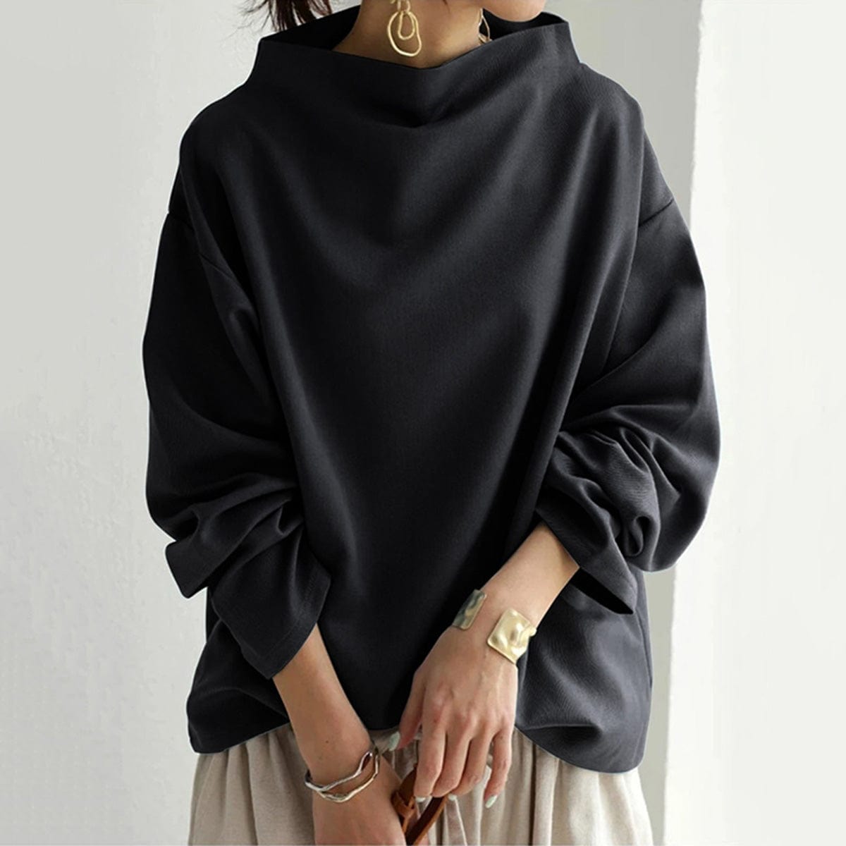 Oversized Sweater with Draped High Neck and Wide Sleeves
