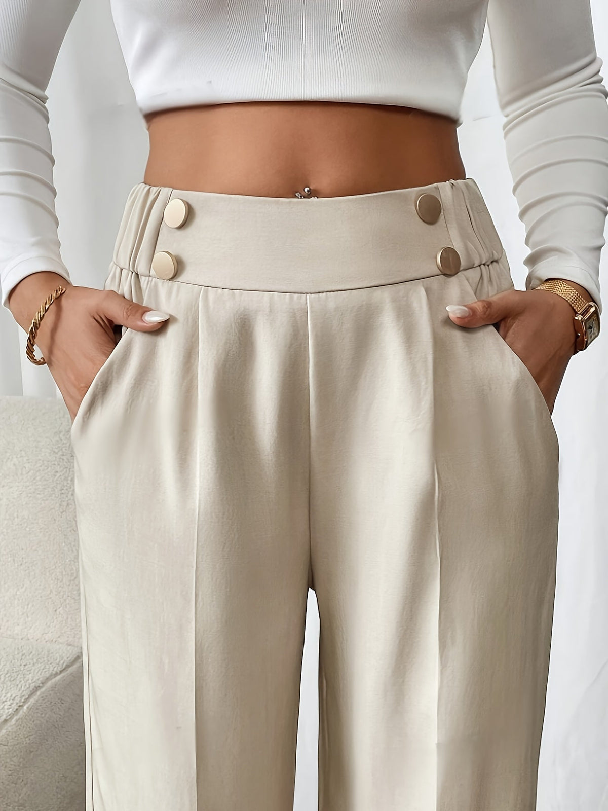 Polished High Waist Wide Leg Trousers with Button Waistband