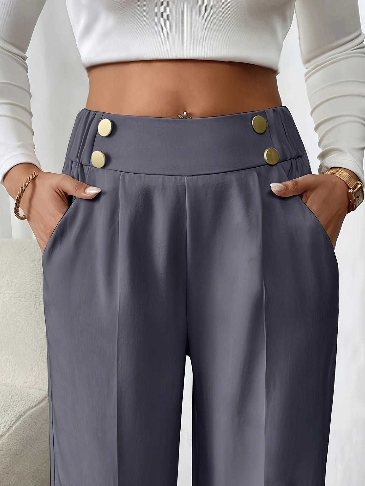 Polished High Waist Wide Leg Trousers with Button Waistband