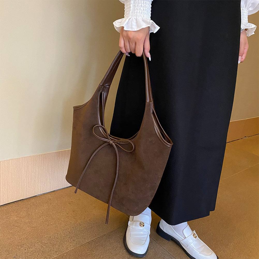 Relaxed Suede Shoulder Bag with Bow Detail