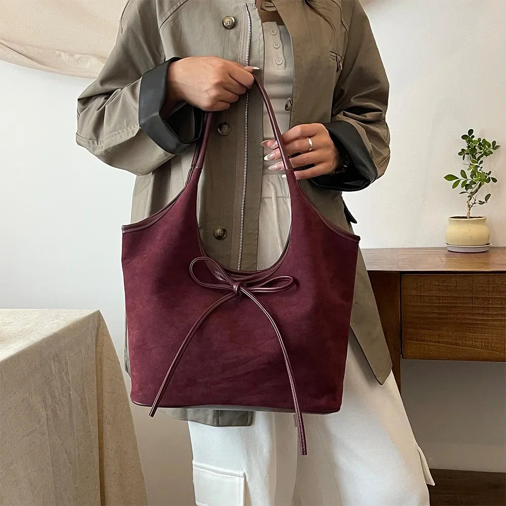 Relaxed Suede Shoulder Bag with Bow Detail