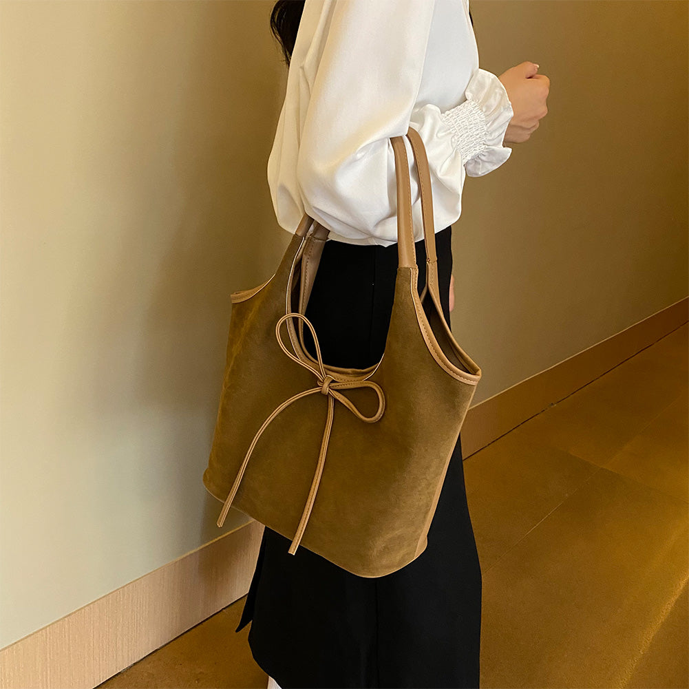 Relaxed Suede Shoulder Bag with Bow Detail