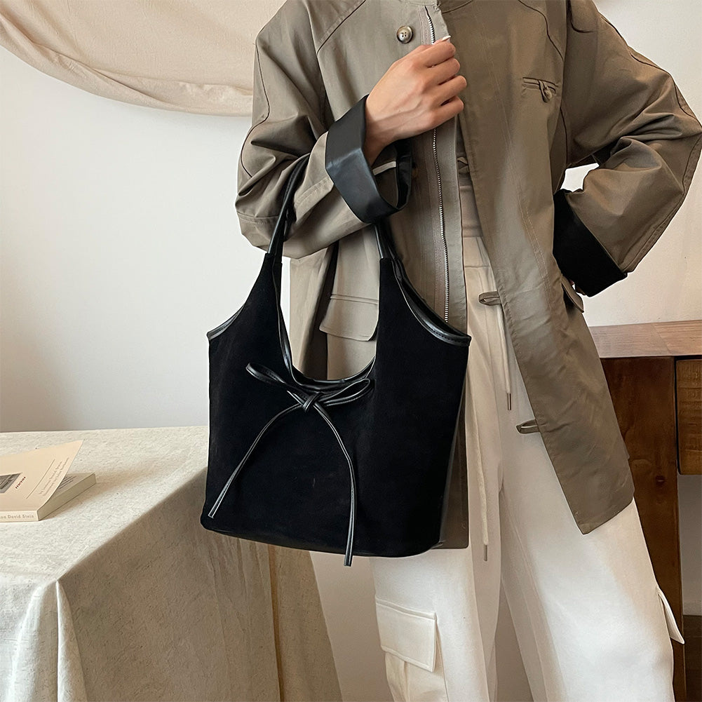 Relaxed Suede Shoulder Bag with Bow Detail