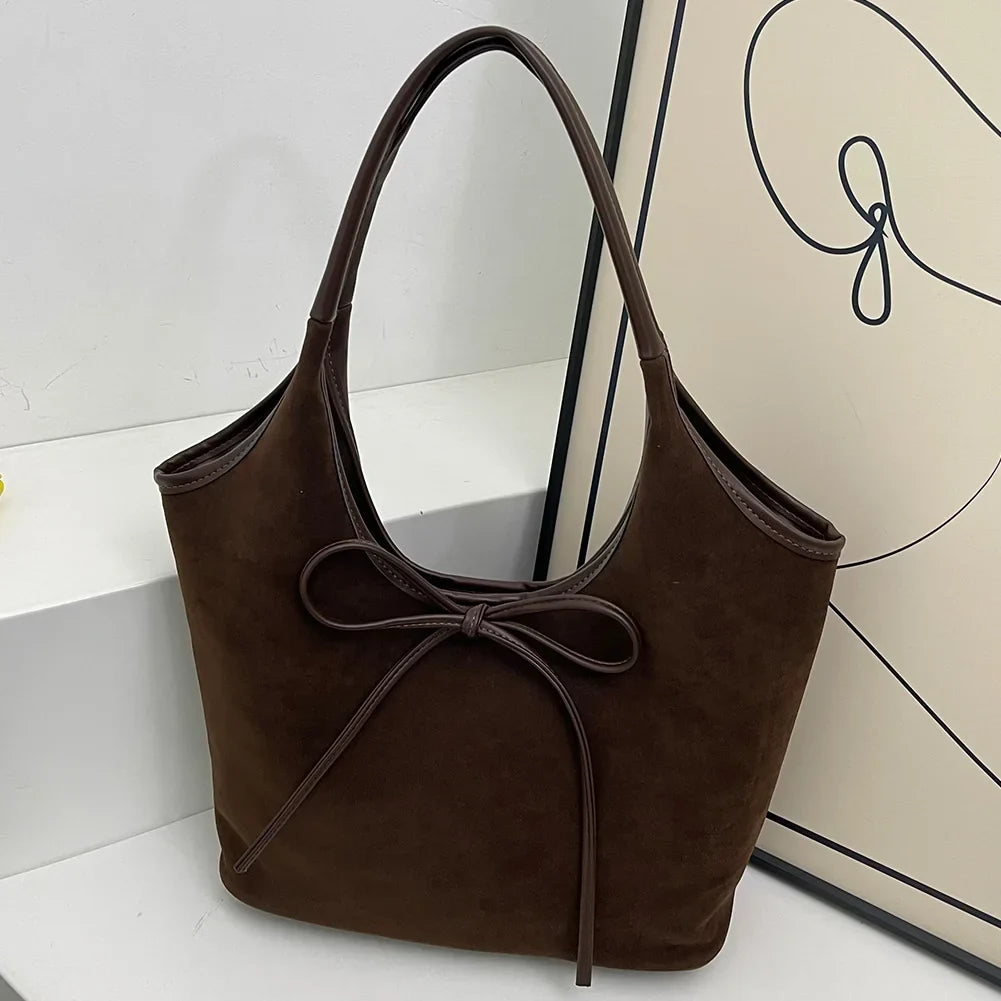 Relaxed Suede Shoulder Bag with Bow Detail
