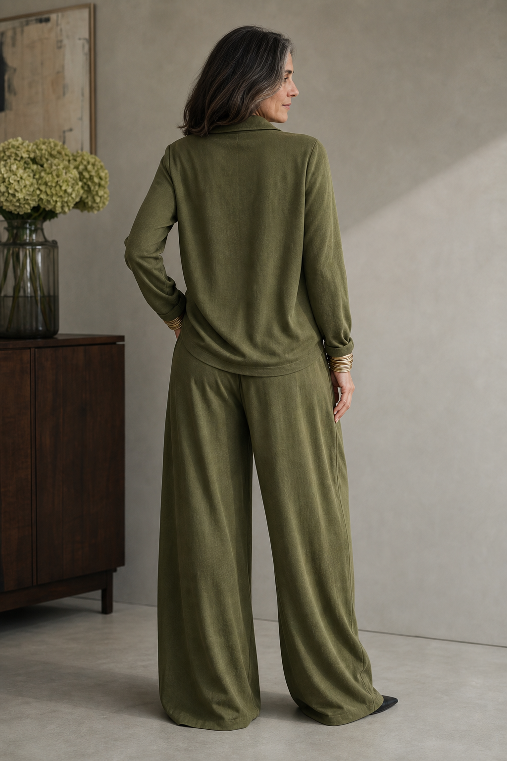 Relaxed Two Piece Set with Draped Neck Top and Wide Leg Trousers