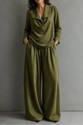 Relaxed Two Piece Set with Draped Neck Top and Wide Leg Trousers