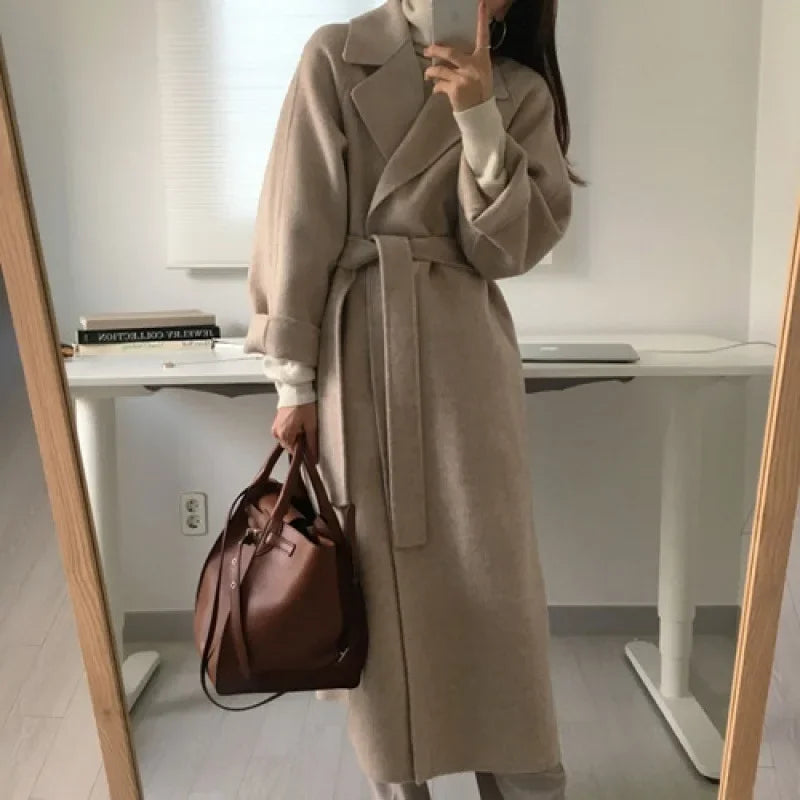 Women's Long Belted Wrap Coat with Wide Sleeves