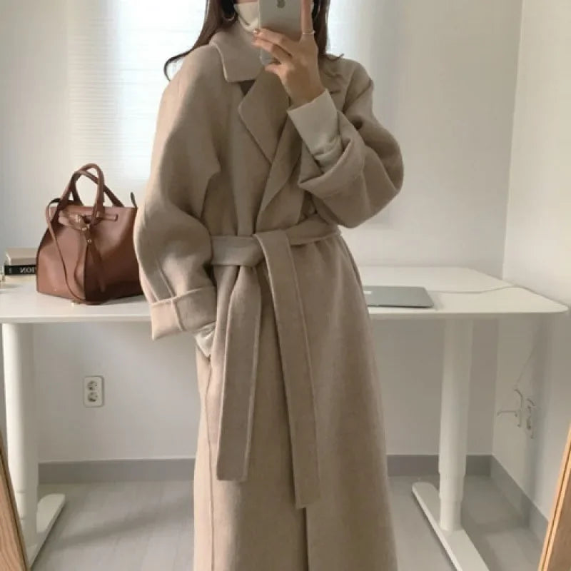 Women's Long Belted Wrap Coat with Wide Sleeves