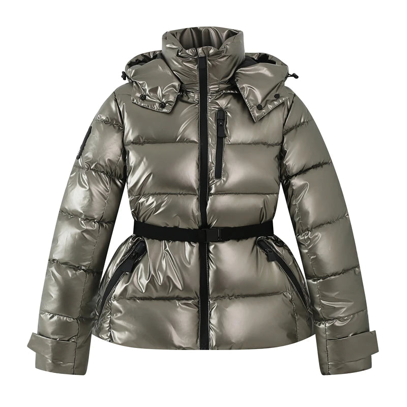 Women's Winter Hooded High Waist Padded Sport Parkas Coats with Belt Female Elegant Thick Warm Pockets Windproof Skiing Jackets