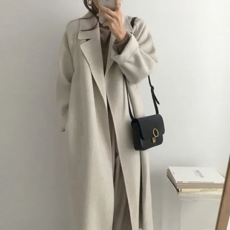 Women's Long Belted Wrap Coat with Wide Sleeves