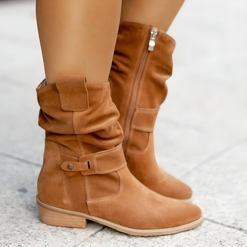 Slouchy Suede Mid-Calf Boots with Block Heel and Strap Detail