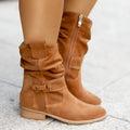 Slouchy Suede Mid-Calf Boots with Block Heel and Strap Detail