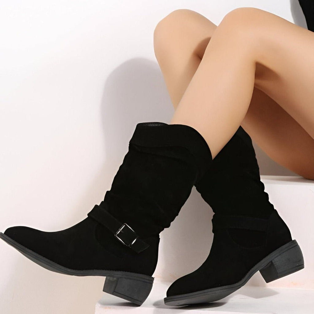 Slouchy Suede Mid-Calf Boots with Block Heel and Strap Detail