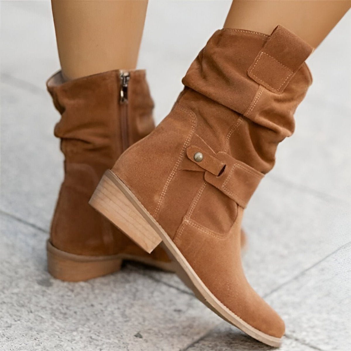 Slouchy Suede Mid-Calf Boots with Block Heel and Strap Detail