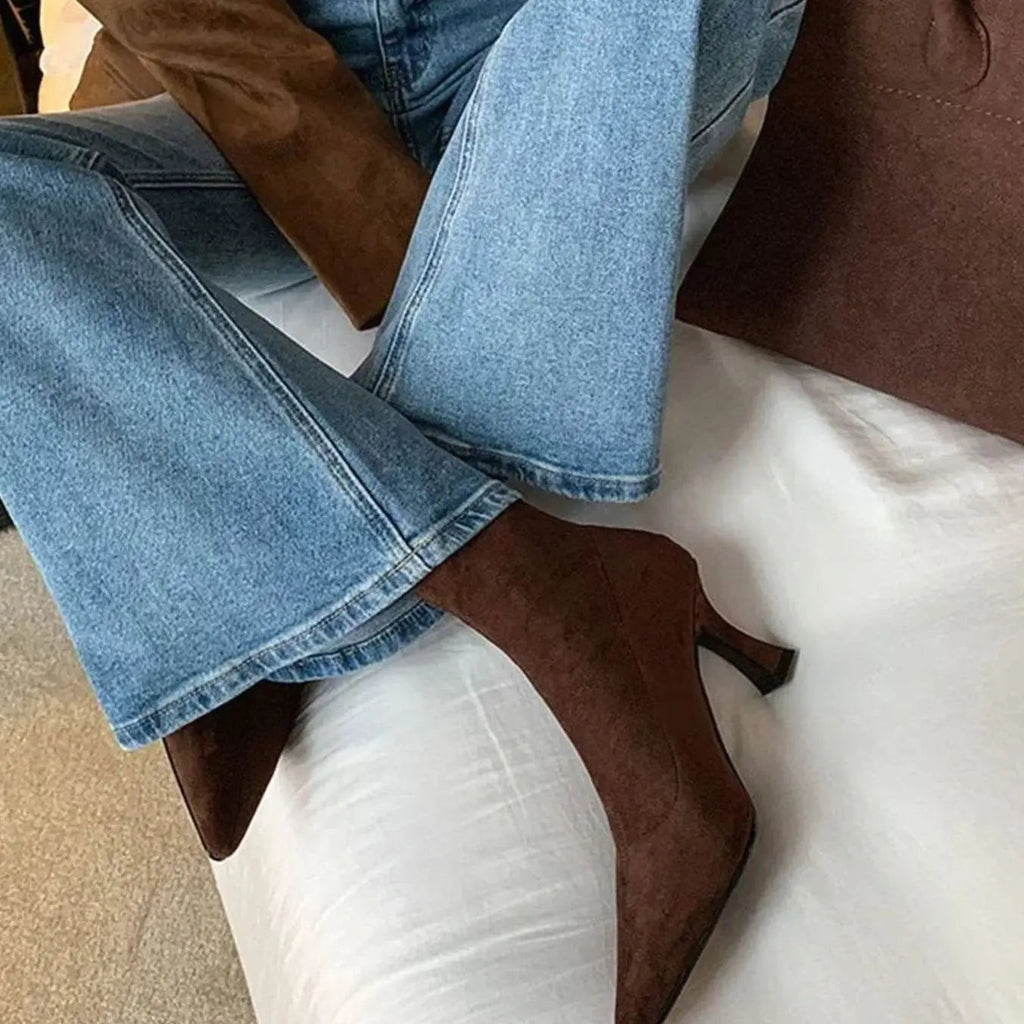 Suede Heeled Ankle Boots with Pointed Toe and Kitten Heel