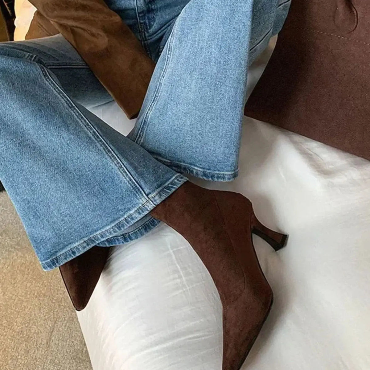 Suede Heeled Ankle Boots with Pointed Toe and Kitten Heel