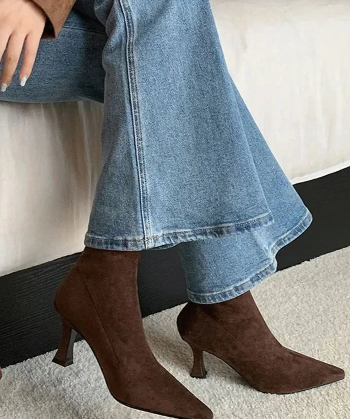 Suede Heeled Ankle Boots with Pointed Toe and Kitten Heel