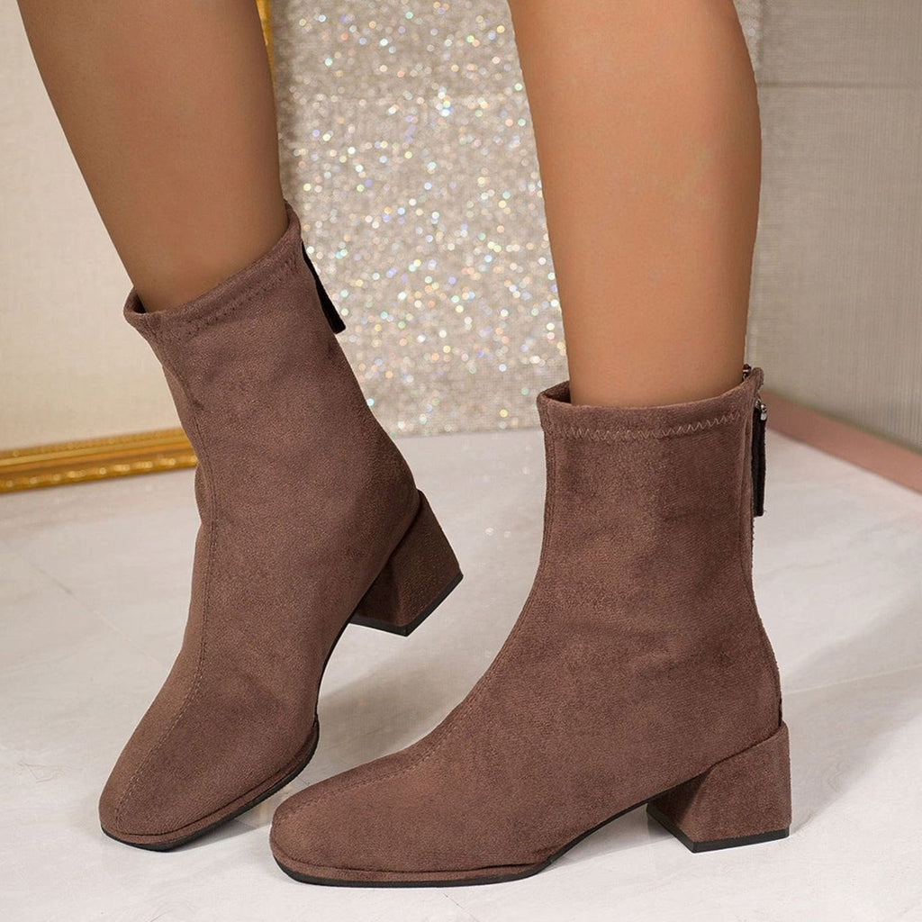 Suede Heeled Ankle Boots with Square Toe and Block Heel