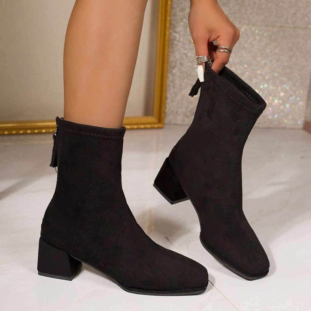 Suede Heeled Ankle Boots with Square Toe and Block Heel