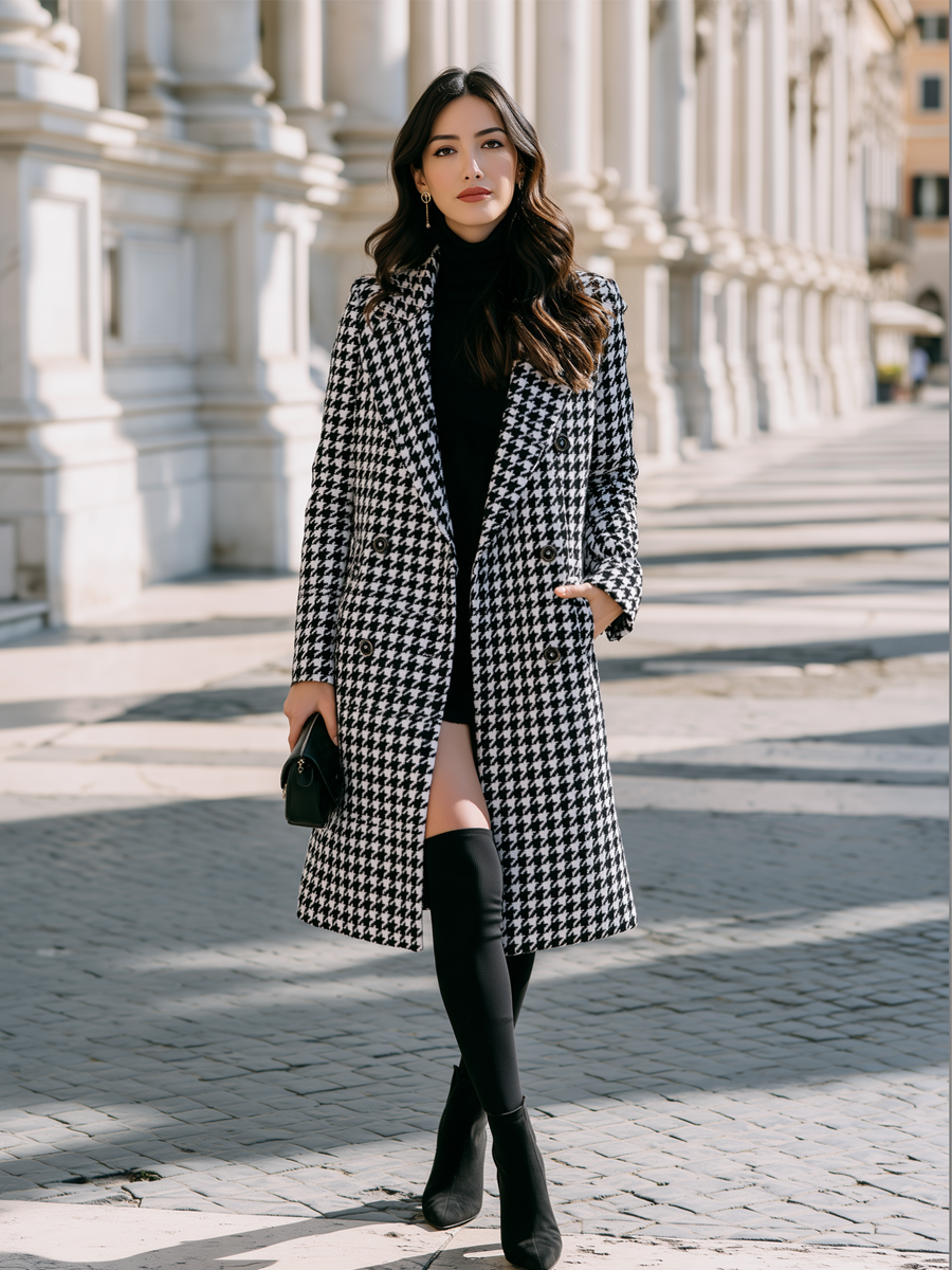 Timeless Double Breasted Houndstooth Wool Coat