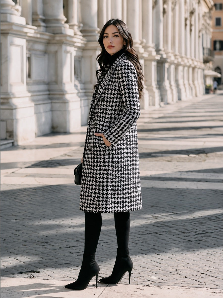 Timeless Double Breasted Houndstooth Wool Coat