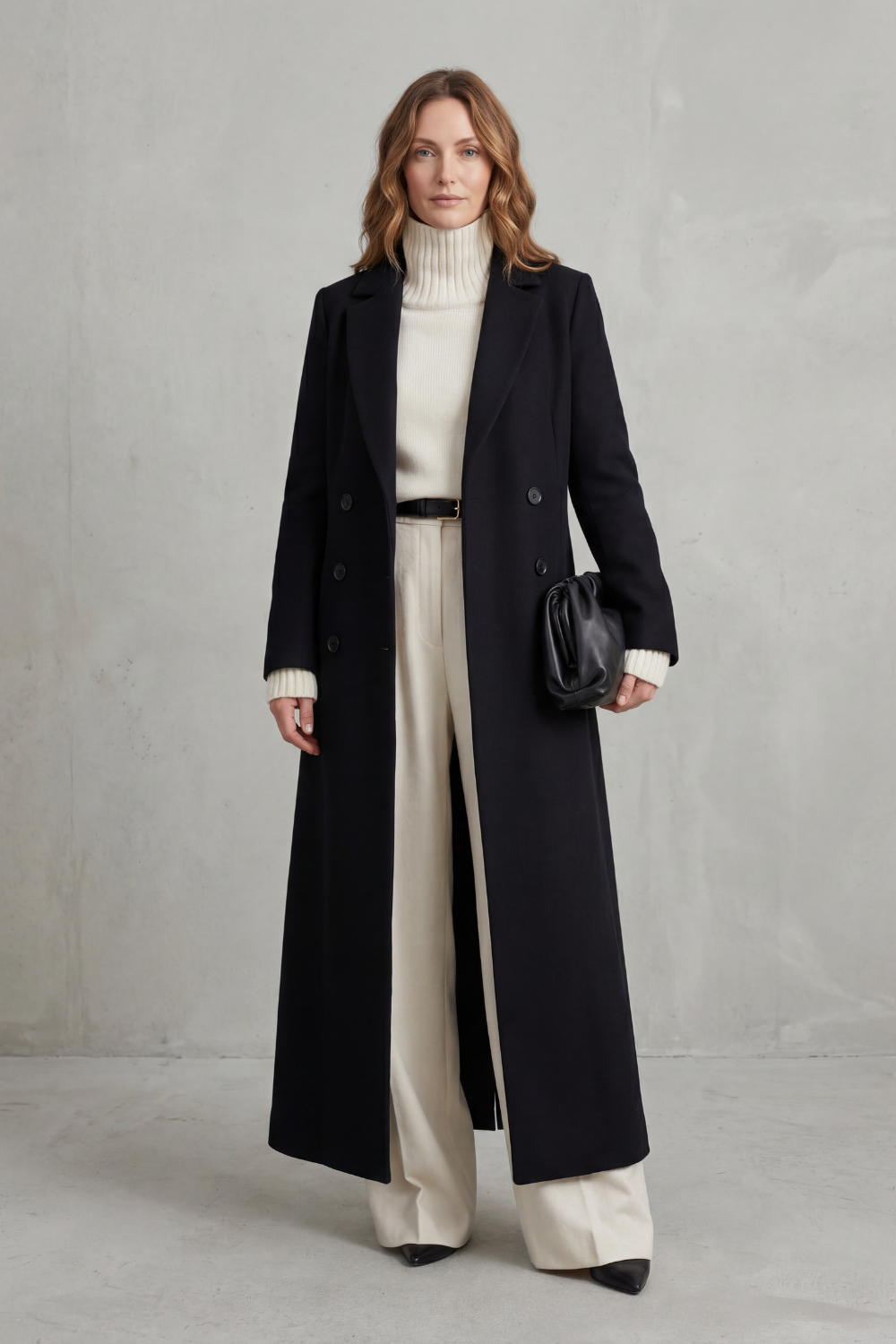 Women's Double Breasted Long Coat with Lapel Collar and Button Front