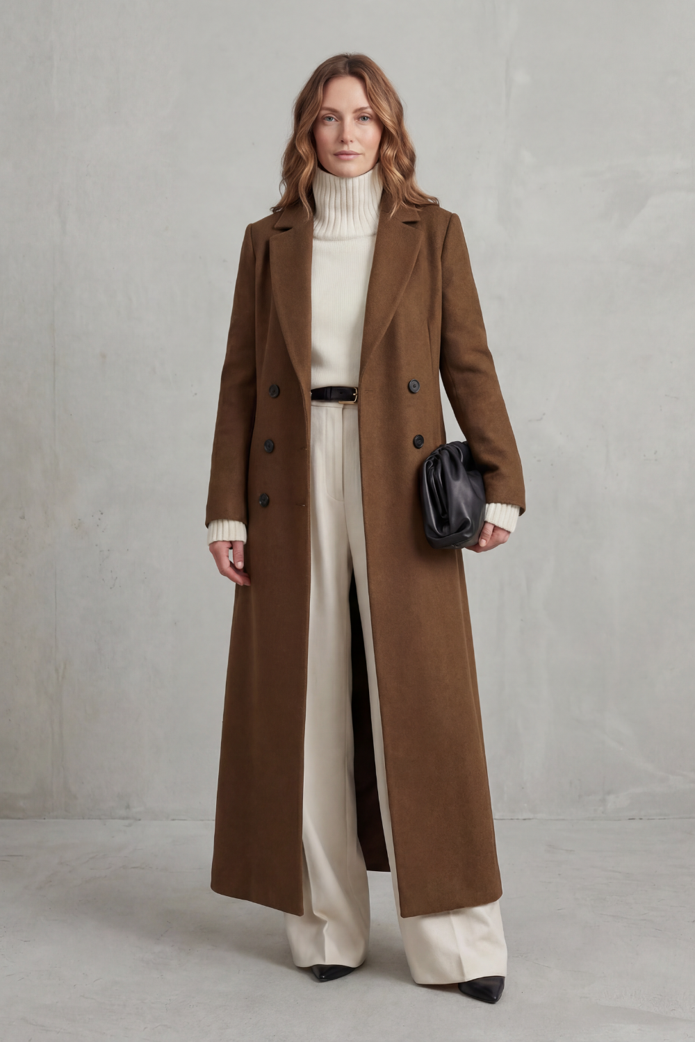 Women's Double Breasted Long Coat with Lapel Collar and Button Front