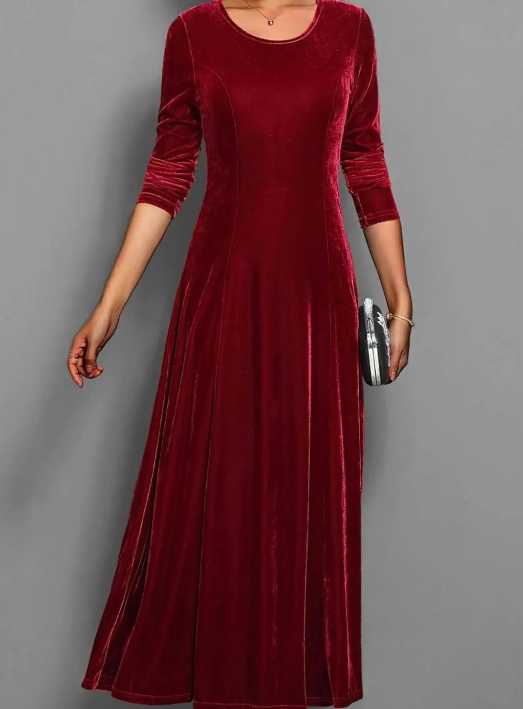 Velvet Long Sleeve Maxi Dress with A-Line Skirt