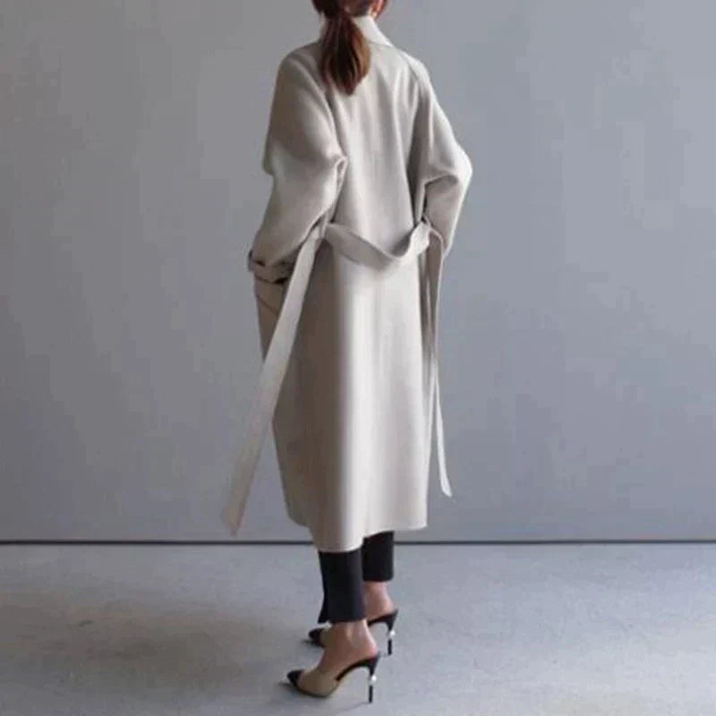 Women's Double-Breasted Belted Long Coat with Notch Lapel