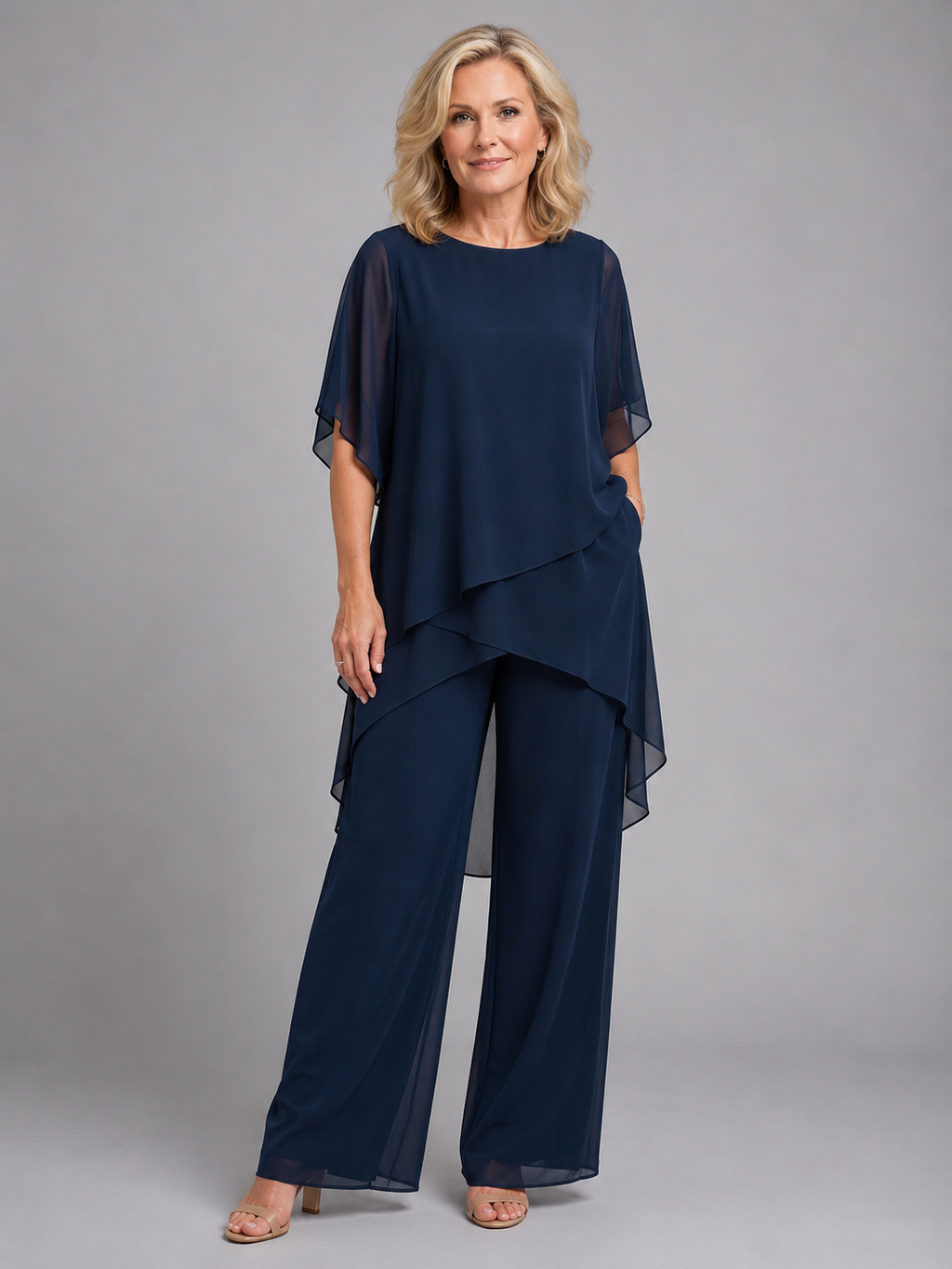 Two Piece Set Womens Chiffon Layered Top Wide Leg Trousers