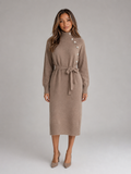 Jumper Dress Womens Roll Neck Belted Midi Length Button Shoulder Knitted