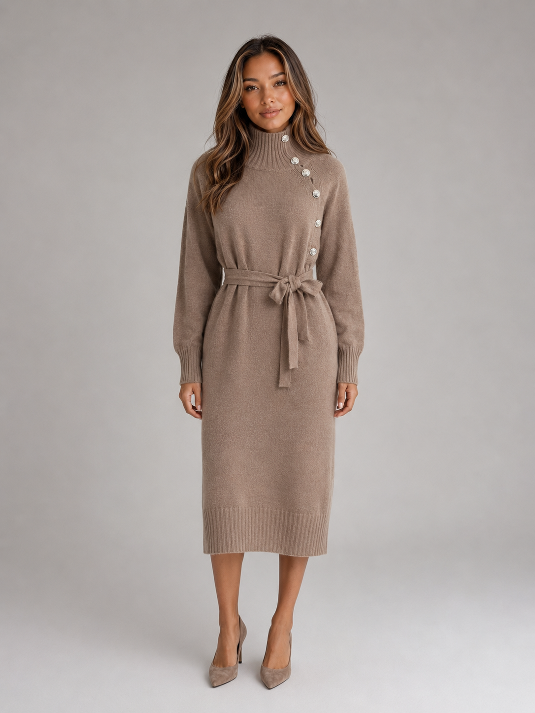 Jumper Dress Womens Roll Neck Belted Midi Length Button Shoulder Knitted