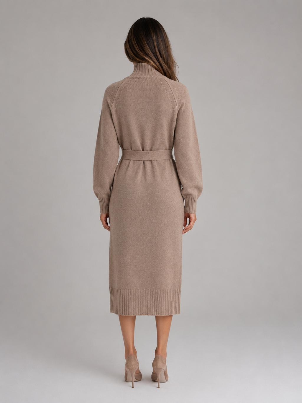 Jumper Dress Womens Roll Neck Belted Midi Length Button Shoulder Knitted