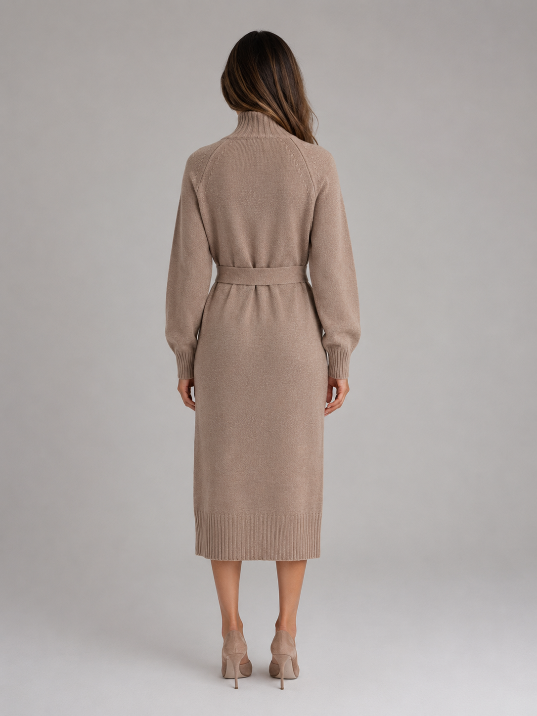 Jumper Dress Womens Roll Neck Belted Midi Length Button Shoulder Knitted