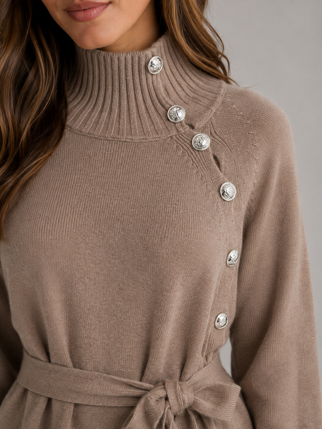 Jumper Dress Womens Roll Neck Belted Midi Length Button Shoulder Knitted