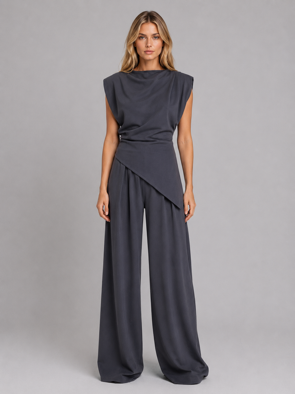 Two Piece Co Ord Set Womens Draped Sleeveless Top Wide Leg