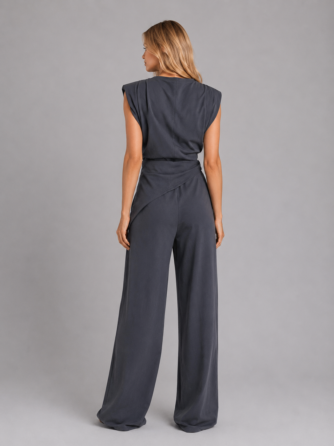 Two Piece Co Ord Set Womens Draped Sleeveless Top Wide Leg