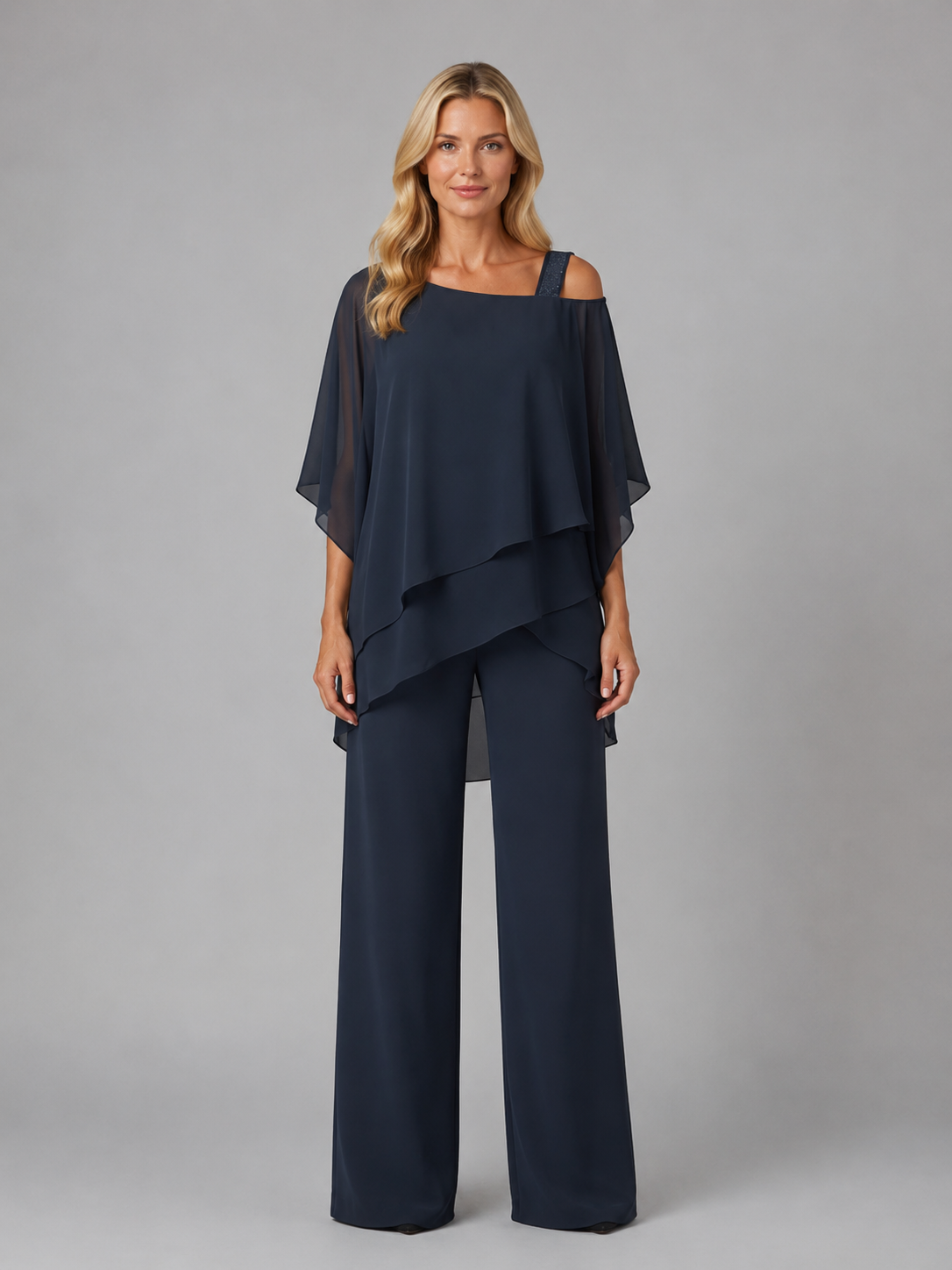 Co Ord Set Womens Layered Chiffon Top Wide Leg Trousers