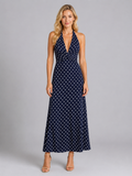 Maxi Dress Womens Polka Dot Halter Neck Fitted Bodice