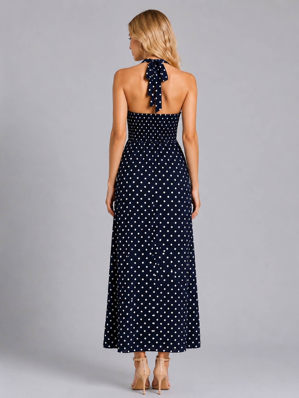 Maxi Dress Womens Polka Dot Halter Neck Fitted Bodice