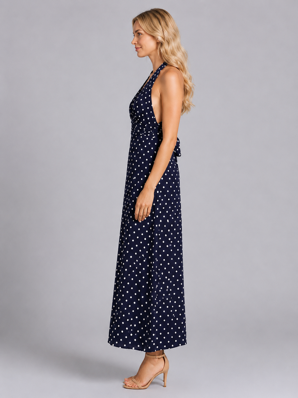 Maxi Dress Womens Polka Dot Halter Neck Fitted Bodice