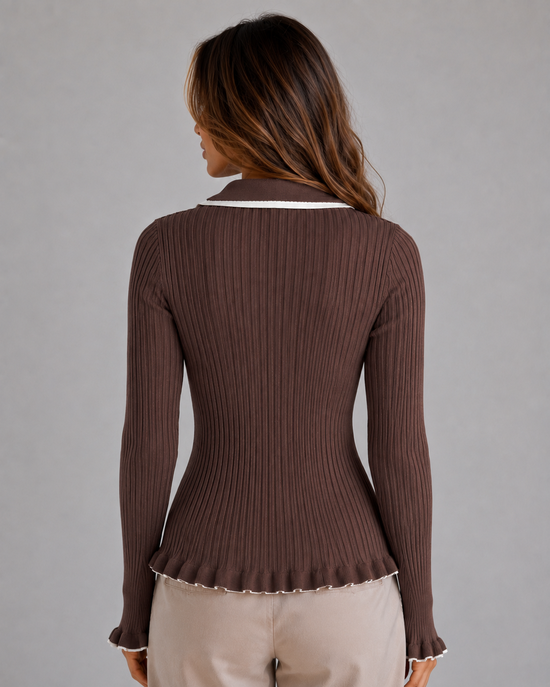 Polo Jumper Womens Contrast Collar Ribbed Fitted Tie Placket Frill Trim