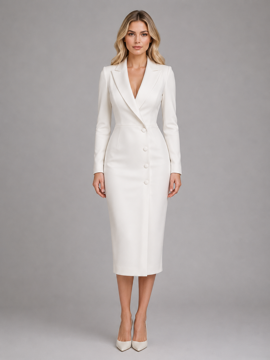 Blazer Dress Womens Lapel Neckline Button Front Midi
