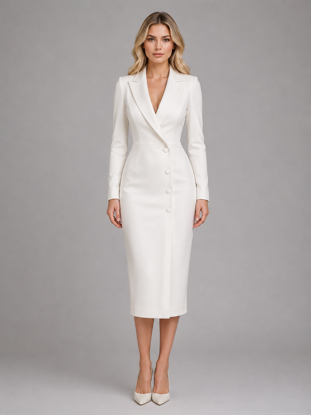 Blazer Dress Womens Lapel Neckline Button Front Midi