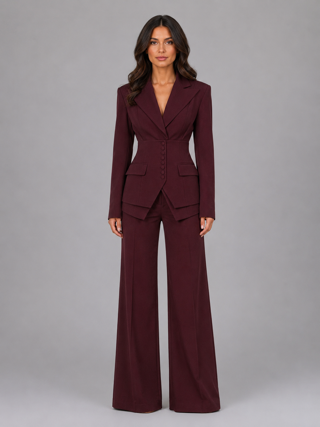 Three Piece Suit Womens Fitted Blazer Cinched Waist Wide Leg