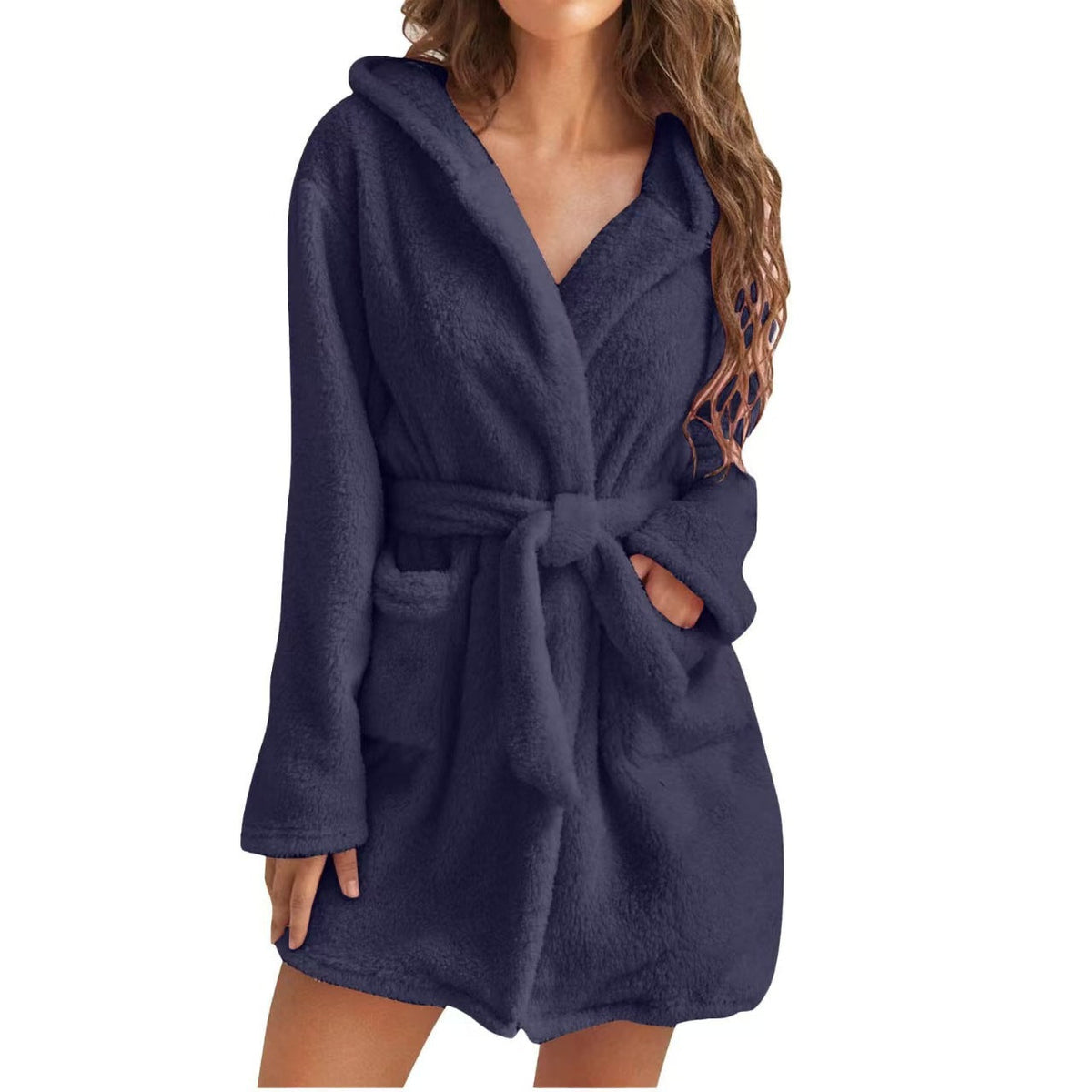 Women's Hooded Belted Long Sleeve Fleece Robe