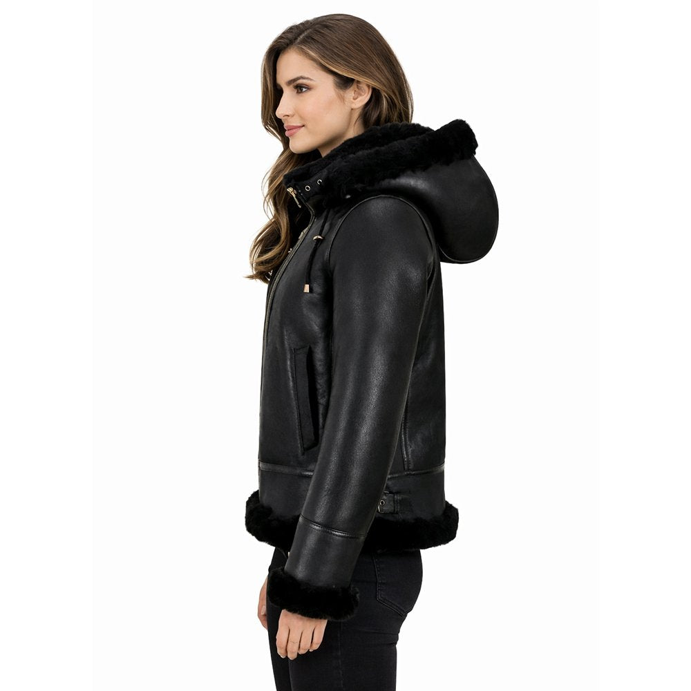 Shearling Jacket Womens Hooded Bomber Leather Zip Front Winter