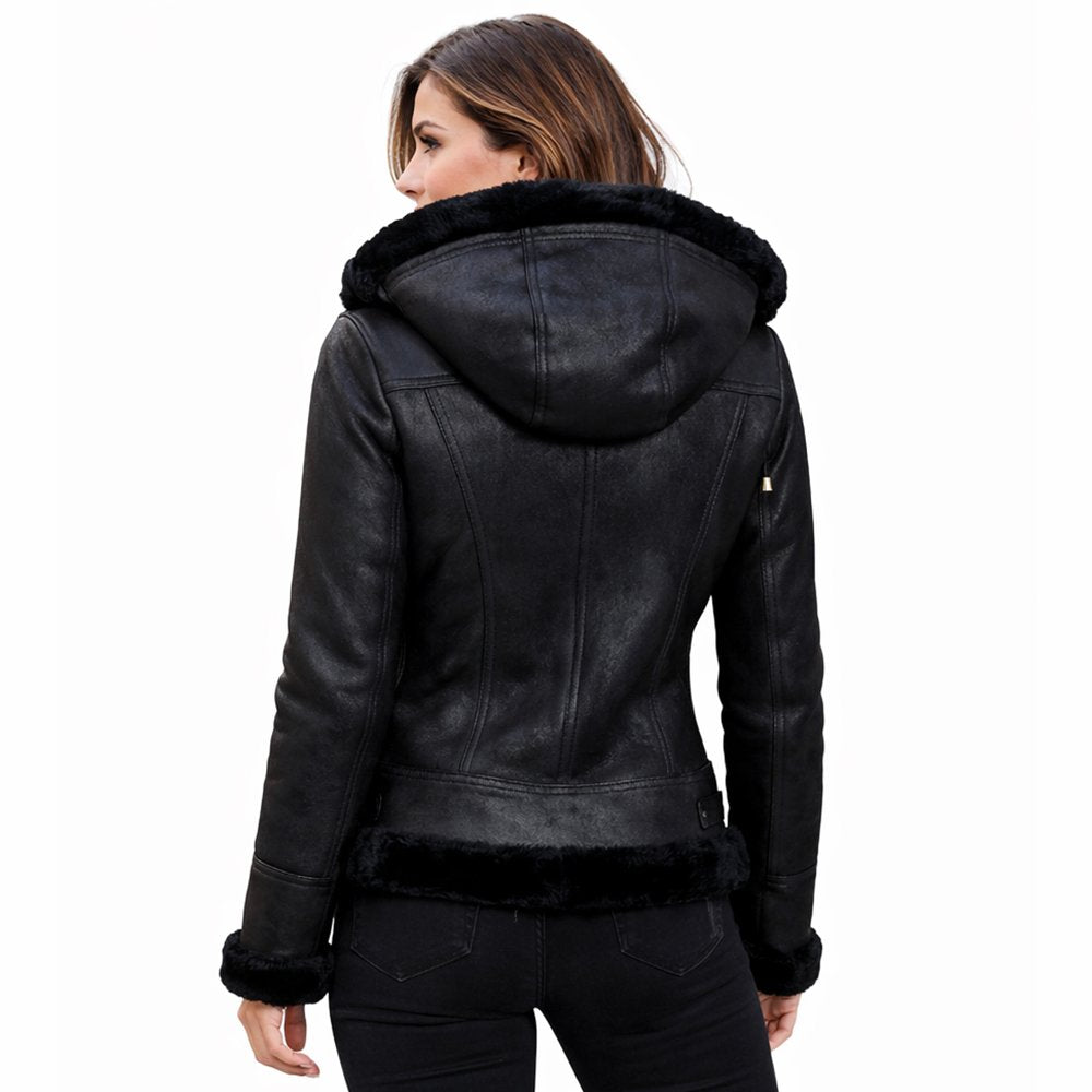 Shearling Jacket Womens Hooded Bomber Leather Zip Front Winter