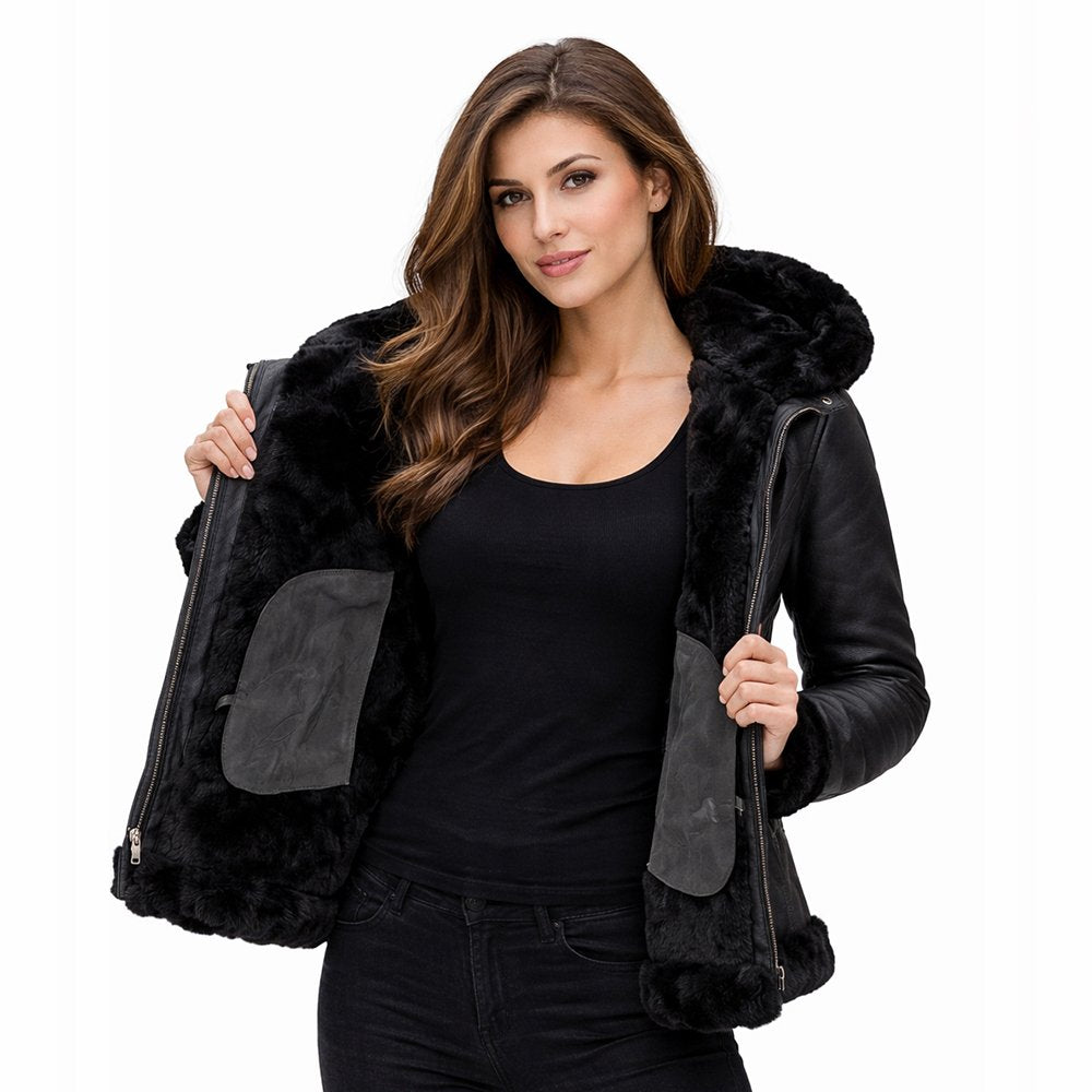 Shearling Jacket Womens Hooded Bomber Leather Zip Front Winter